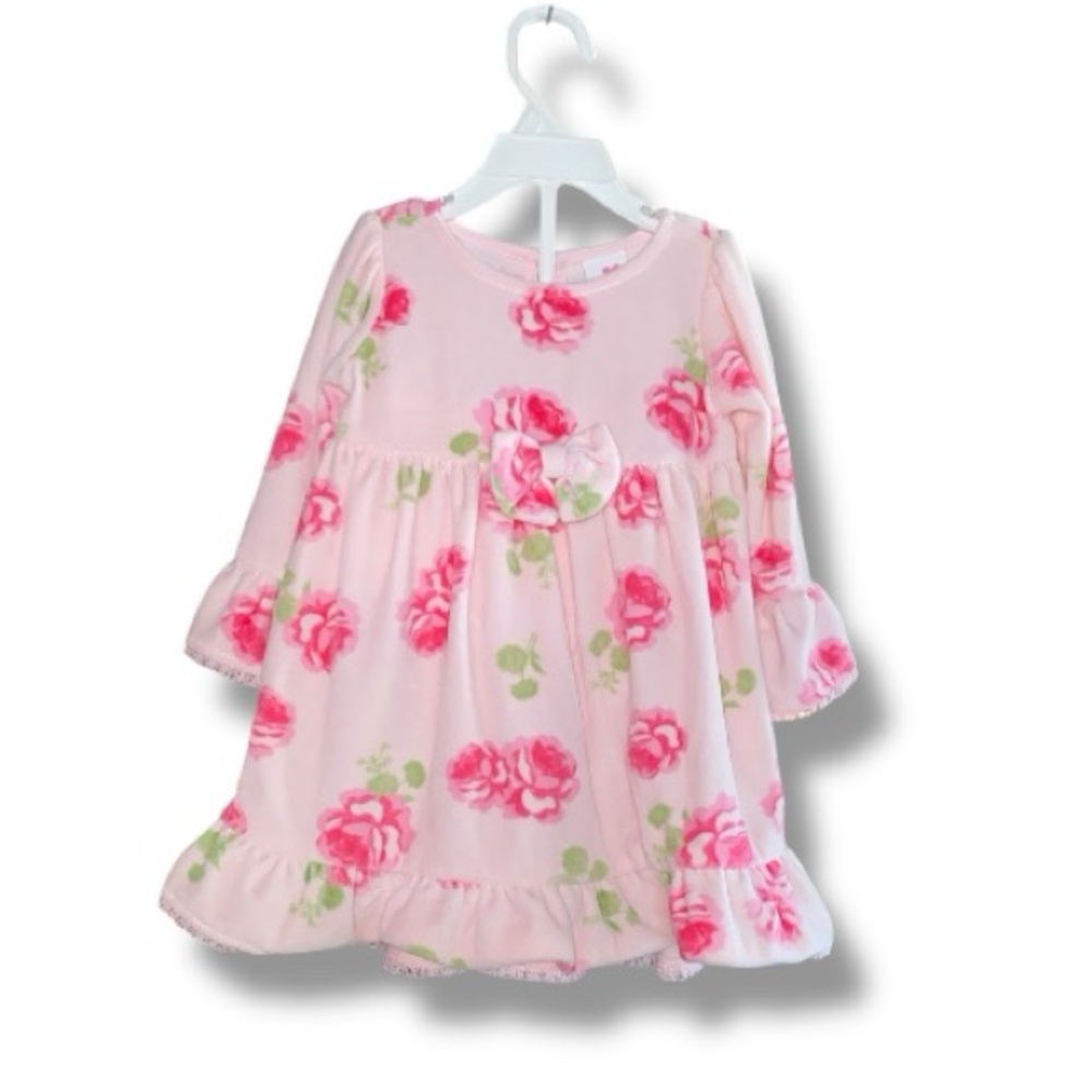 Chelsea's Corner Pink Floral velour feel Baby Dress with bloomers